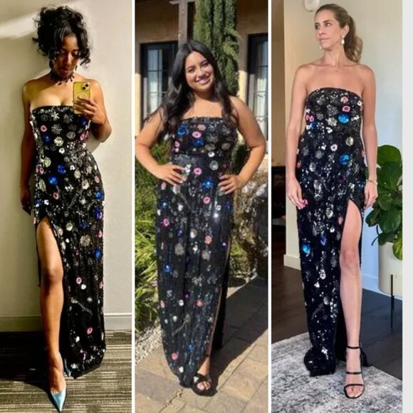 Mac Duggal Size 2 Black‎ Floral Sequined Strapless Column Long Maxi Dress Gown - Picture 2 of 7